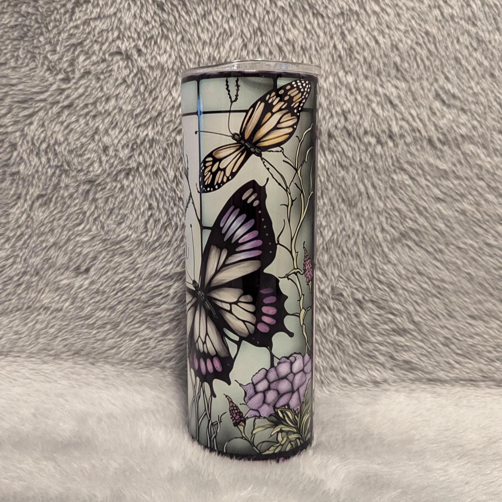 Beautiful Butterfly Tumbler With A Stained Glass Design  20oz With Reusable Straw, Can Be Personalized