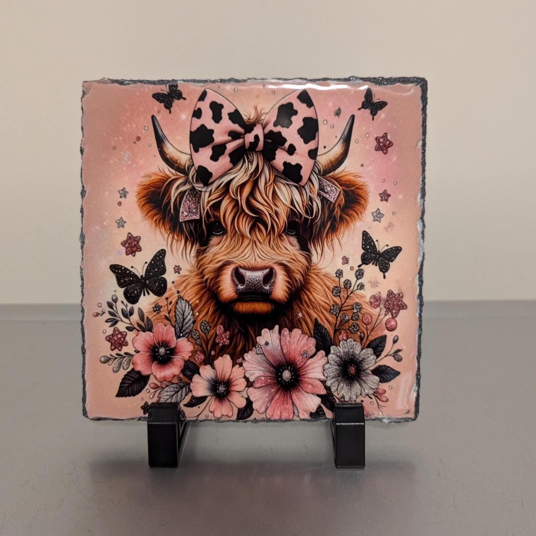 Pretty Highland Cow Slate Picture With Display Legs