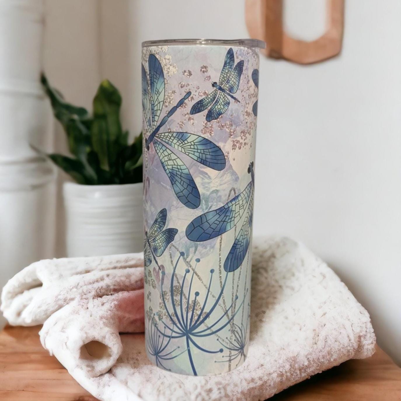 Pretty Blue Dragonfly Tumbler With Straw, Dragonfly Cup With Name, Dragonfly Gift, Dragonfly Lover Tumbler, Hot Cold Drinkware, Gift For Her