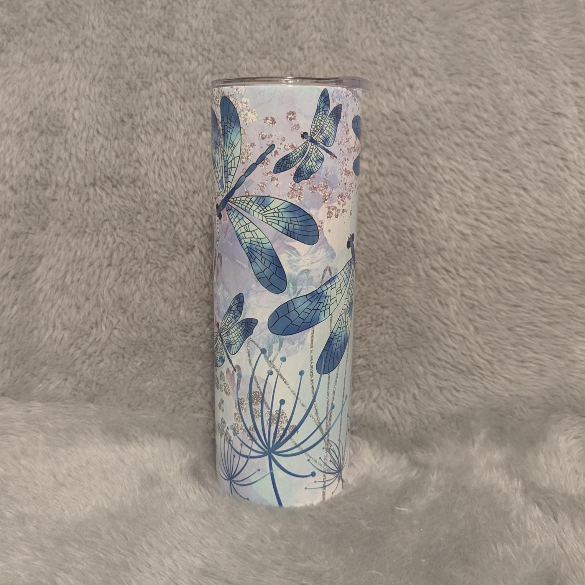 Pretty Blue Dragonfly Tumbler With Straw, Dragonfly Cup With Name, Dragonfly Gift, Dragonfly Lover Tumbler, Hot Cold Drinkware, Gift For Her
