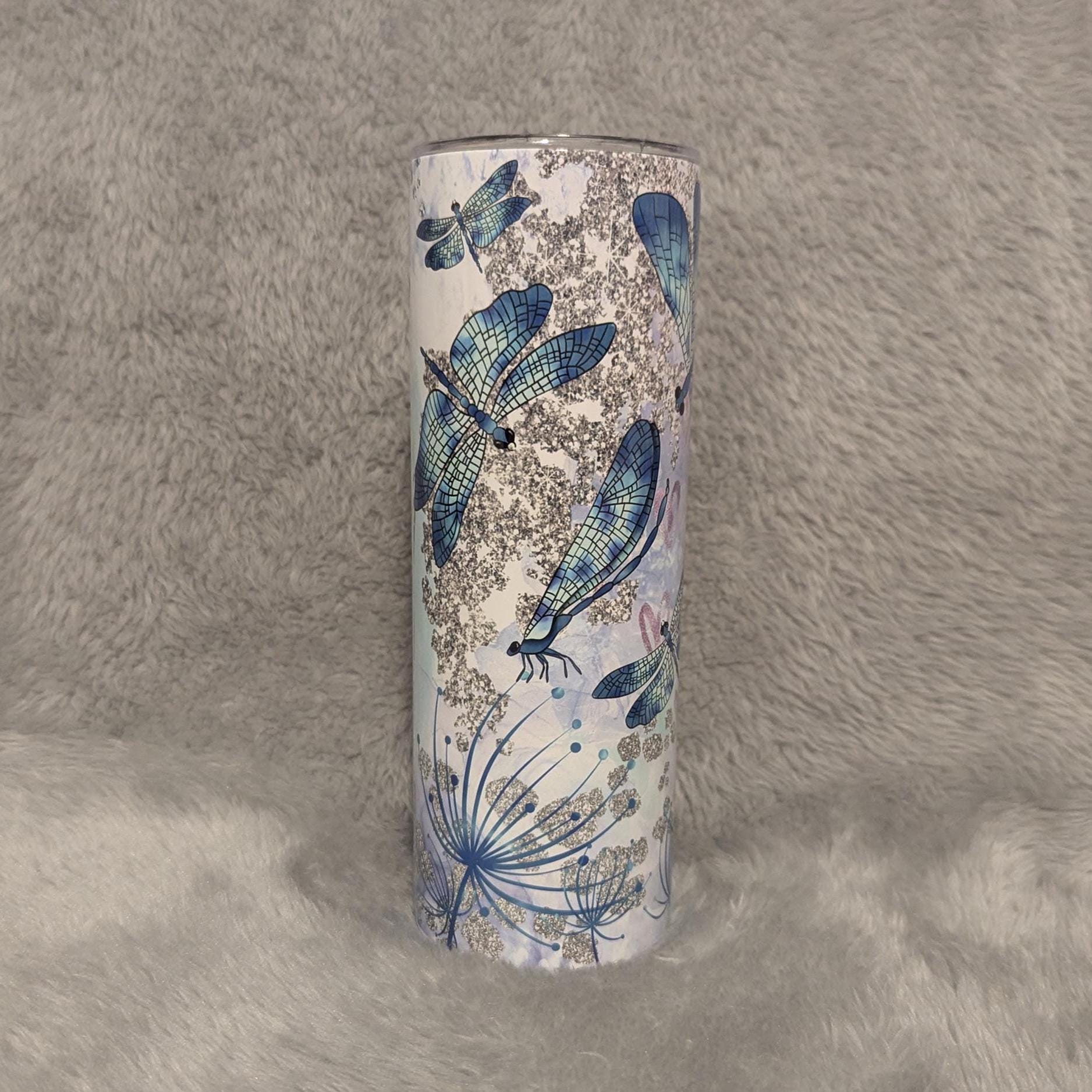 Pretty Blue Dragonfly Tumbler With Straw, Dragonfly Cup With Name, Dragonfly Gift, Dragonfly Lover Tumbler, Hot Cold Drinkware, Gift For Her