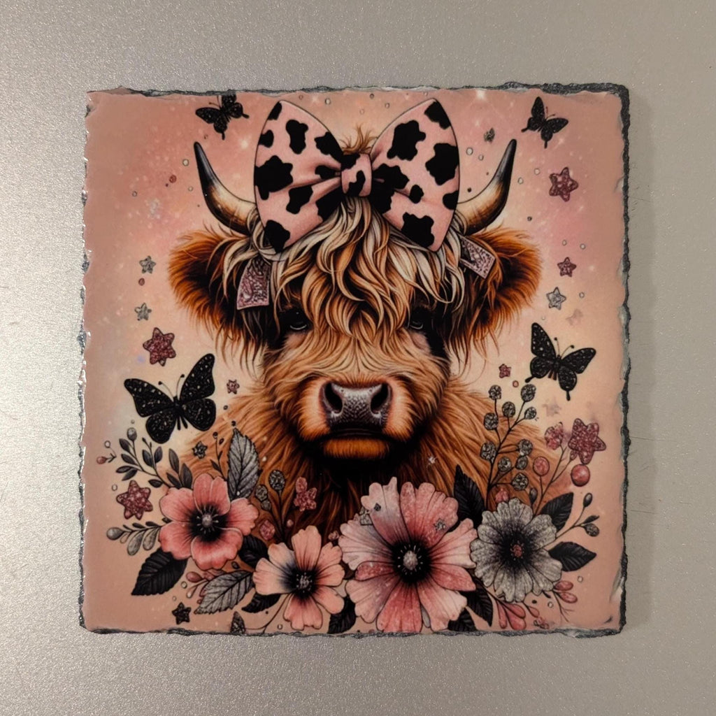 Pretty Highland Cow Slate Picture With Display Legs