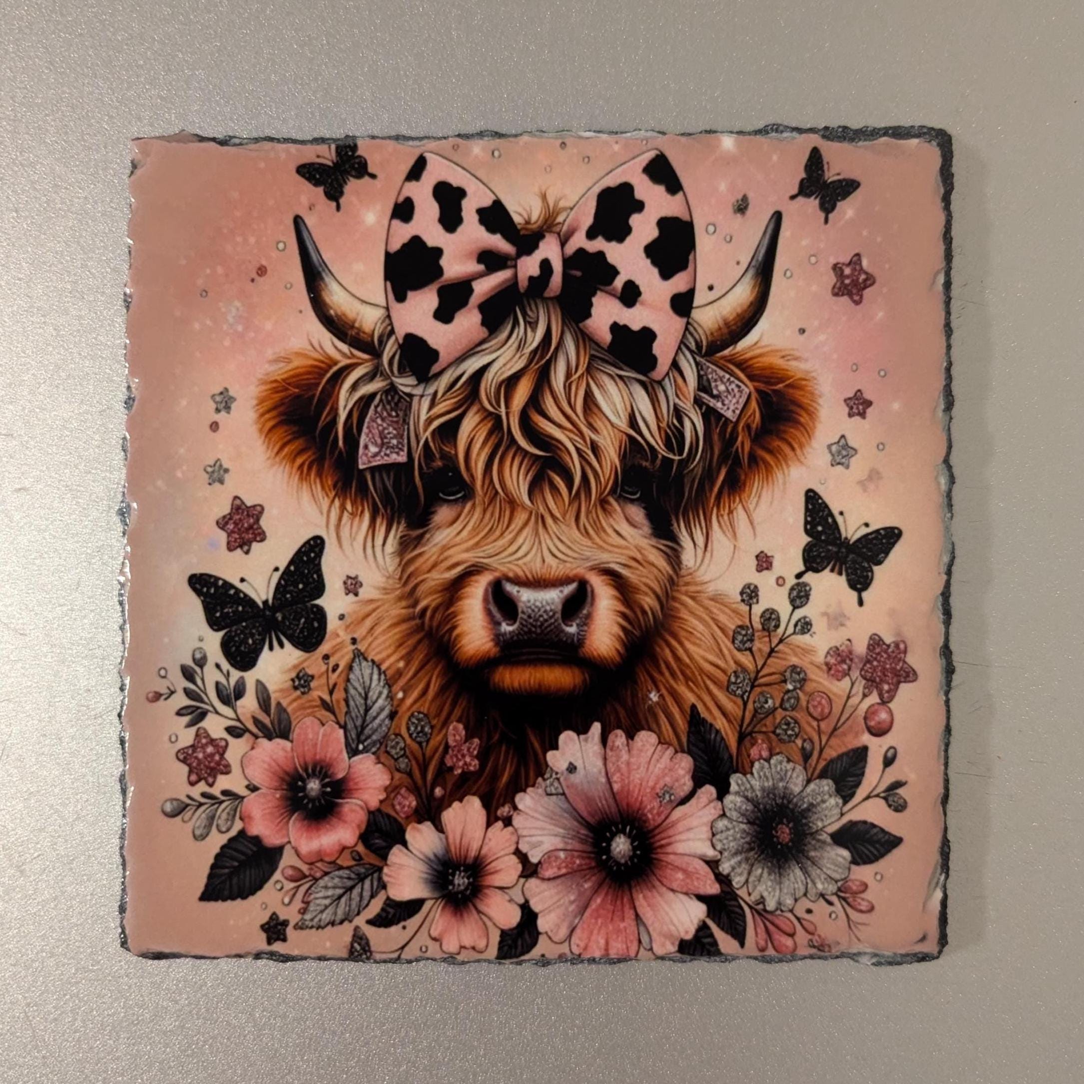 Pretty Highland Cow Slate Picture With Display Legs