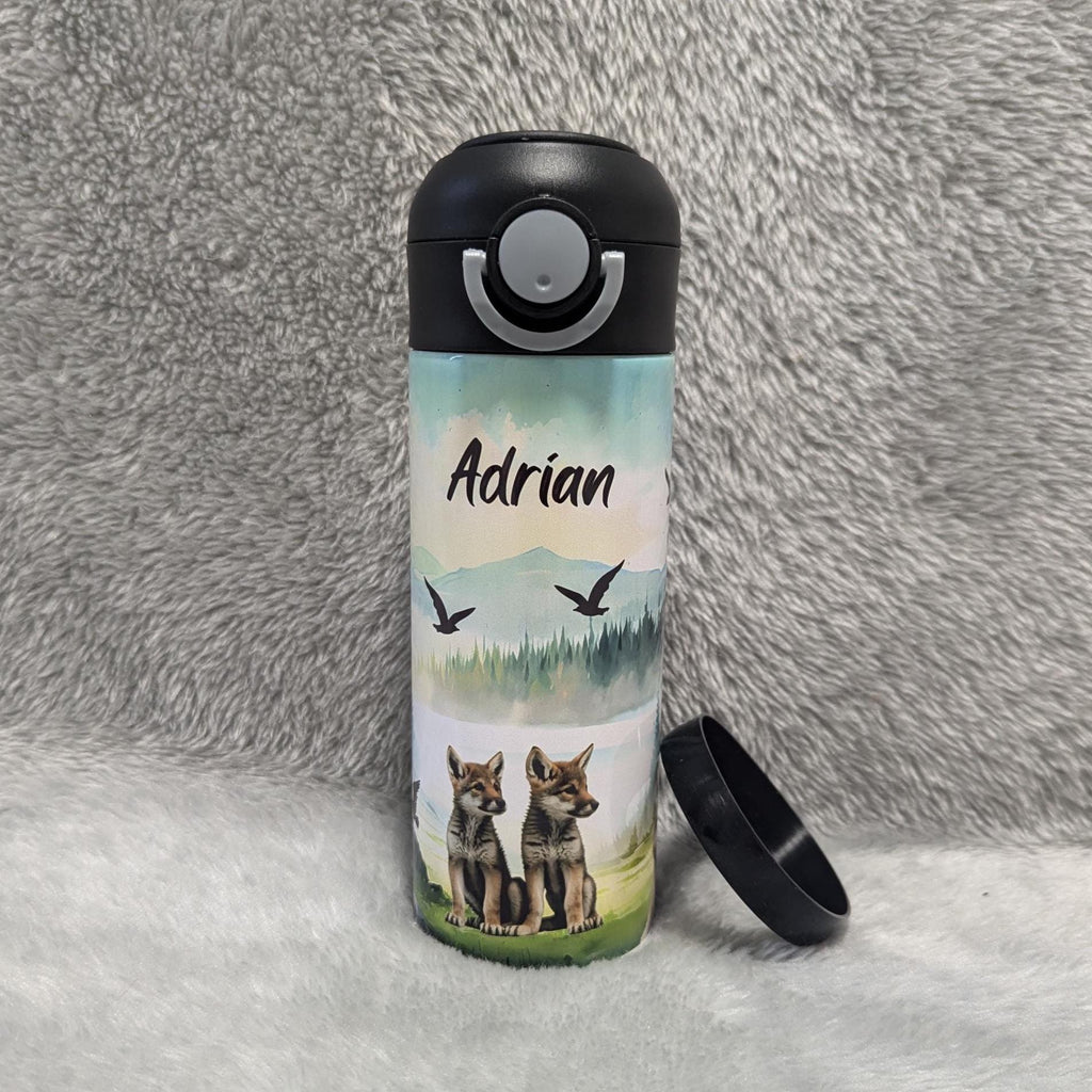 Kids Wolf Water Bottle 12oz With Reusable Straw Can Be Personalized