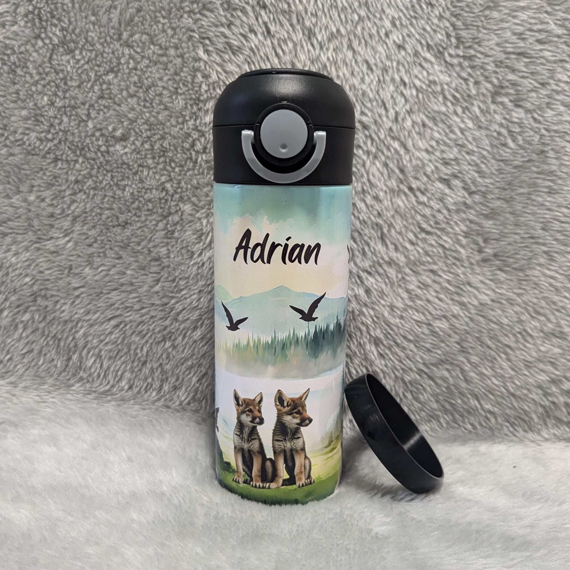 Kids Wolf Water Bottle 12oz With Reusable Straw Can Be Personalized