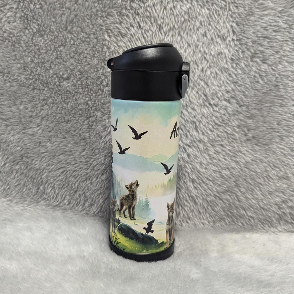 Kids Wolf Water Bottle 12oz With Reusable Straw Can Be Personalized