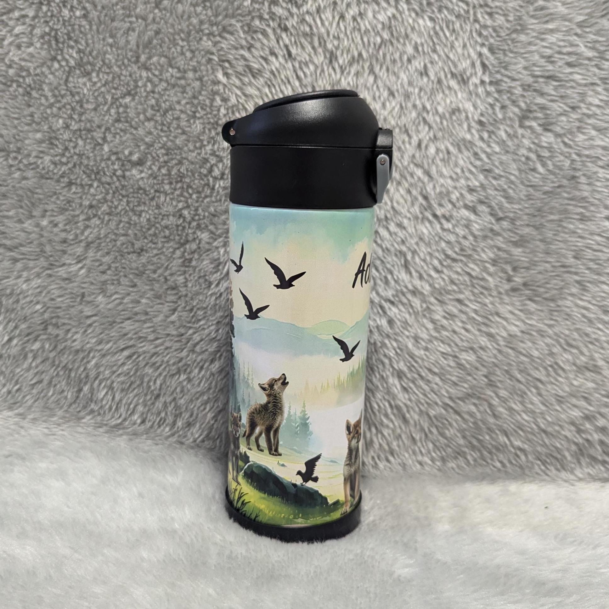 Kids Wolf Water Bottle 12oz With Reusable Straw Can Be Personalized
