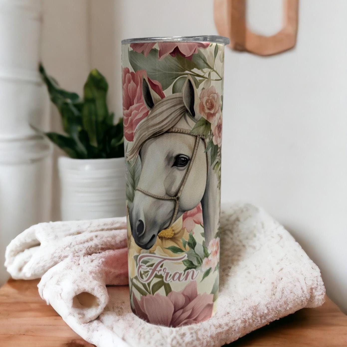 Horse Tumbler With Flowers Can Be Personalized, Cup With Name, Horse Lover Gift, 20oz Skinny Tumbler, Hot Cold Drinkware, Gift For Her