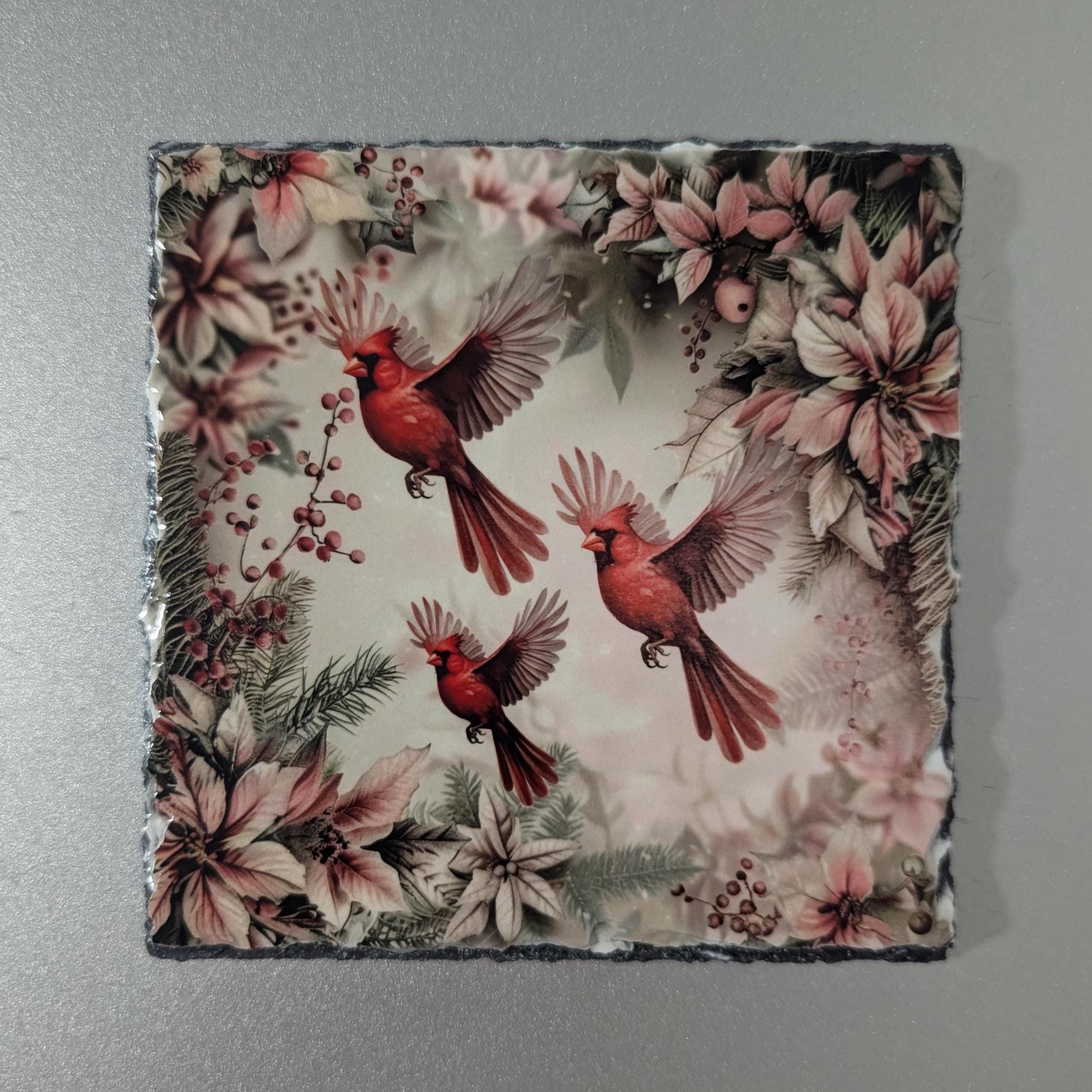 Floral Slate Cardinal Picture With Display Legs