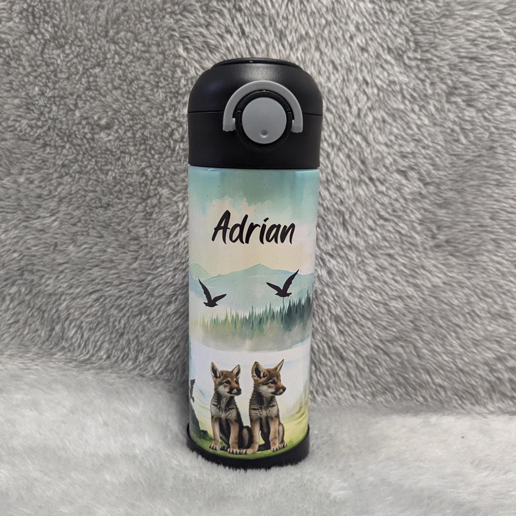 Kids Wolf Water Bottle 12oz With Reusable Straw Can Be Personalized