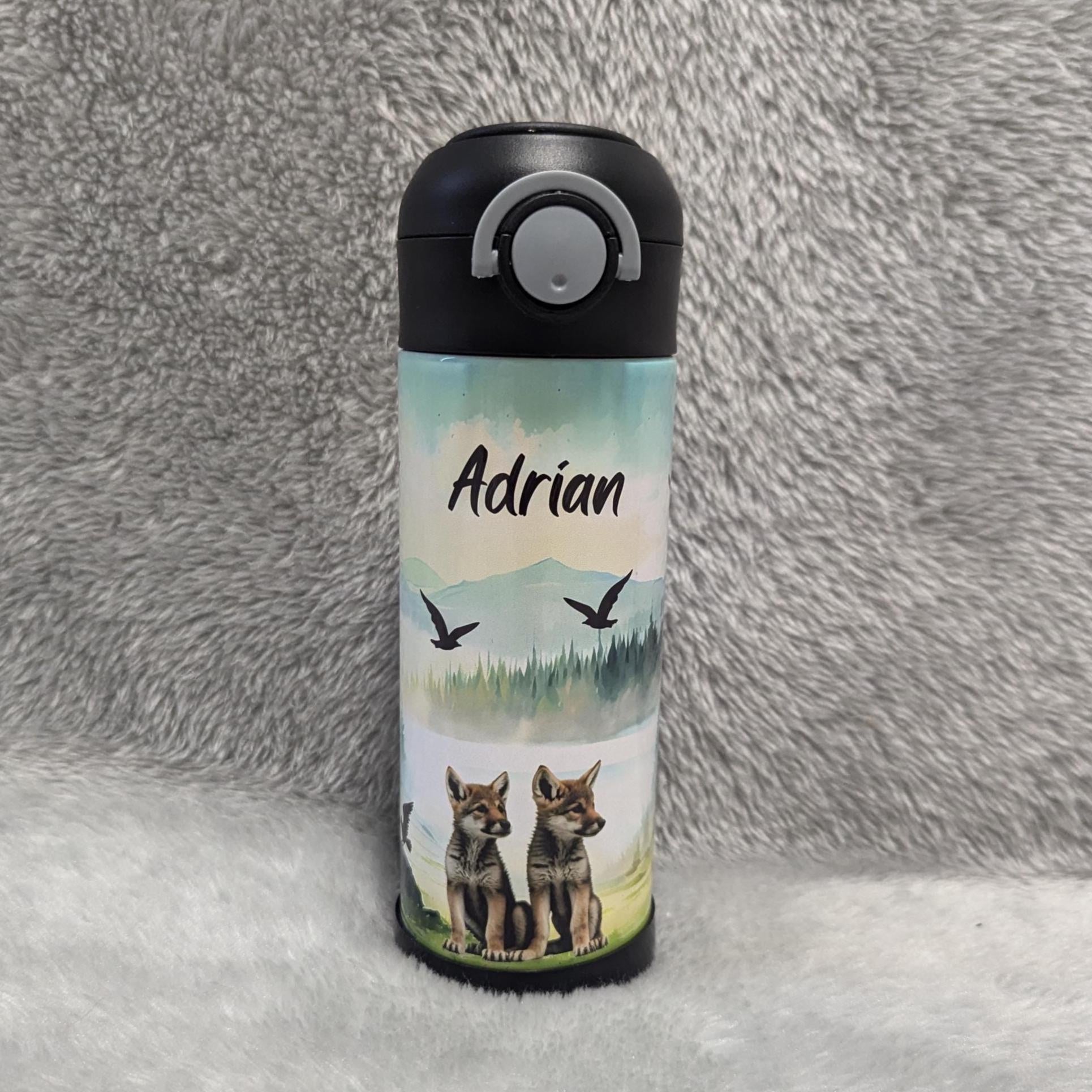 Kids Wolf Water Bottle 12oz With Reusable Straw Can Be Personalized