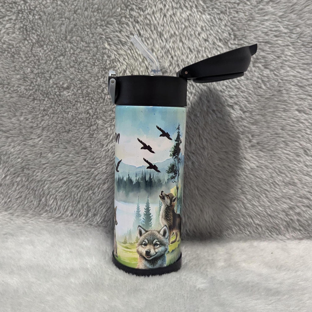 Kids Wolf Water Bottle 12oz With Reusable Straw Can Be Personalized