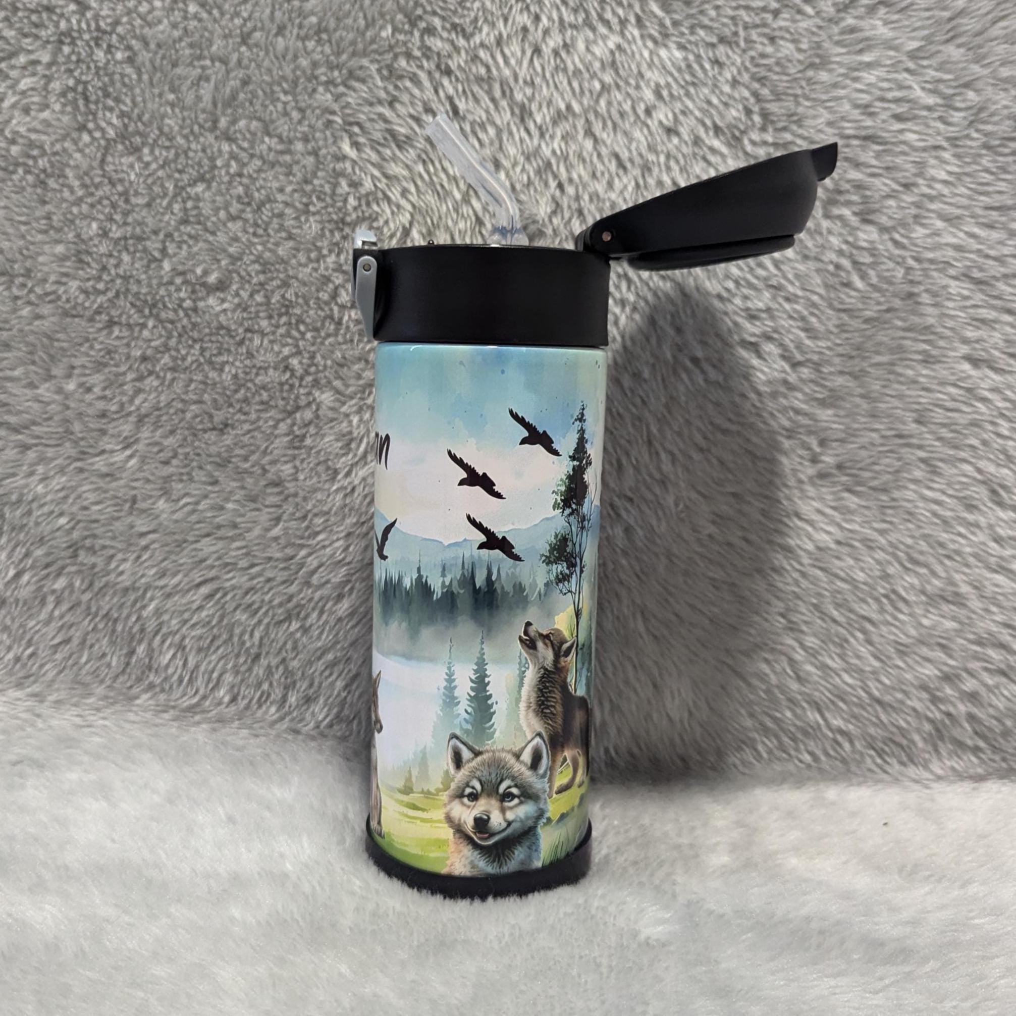 Kids Wolf Water Bottle 12oz With Reusable Straw Can Be Personalized