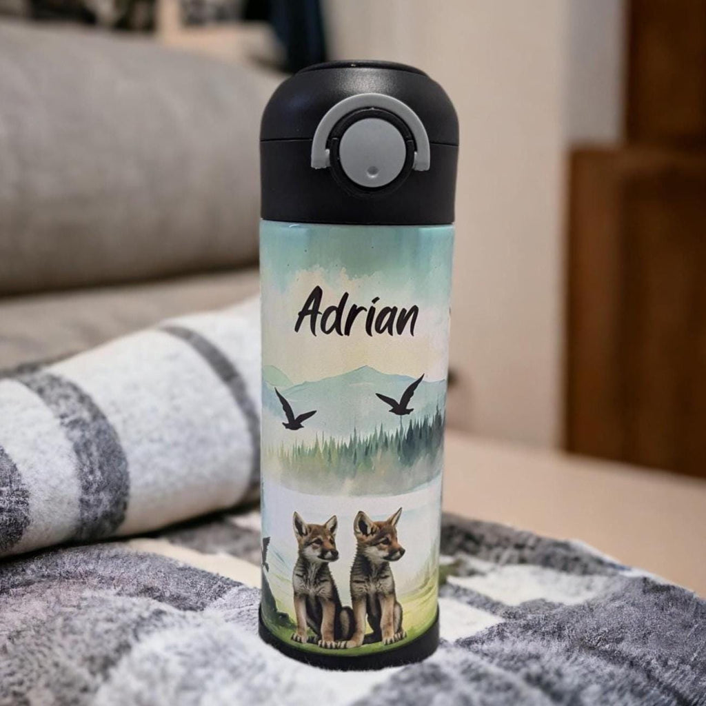 Kids Wolf Water Bottle 12oz With Reusable Straw Can Be Personalized