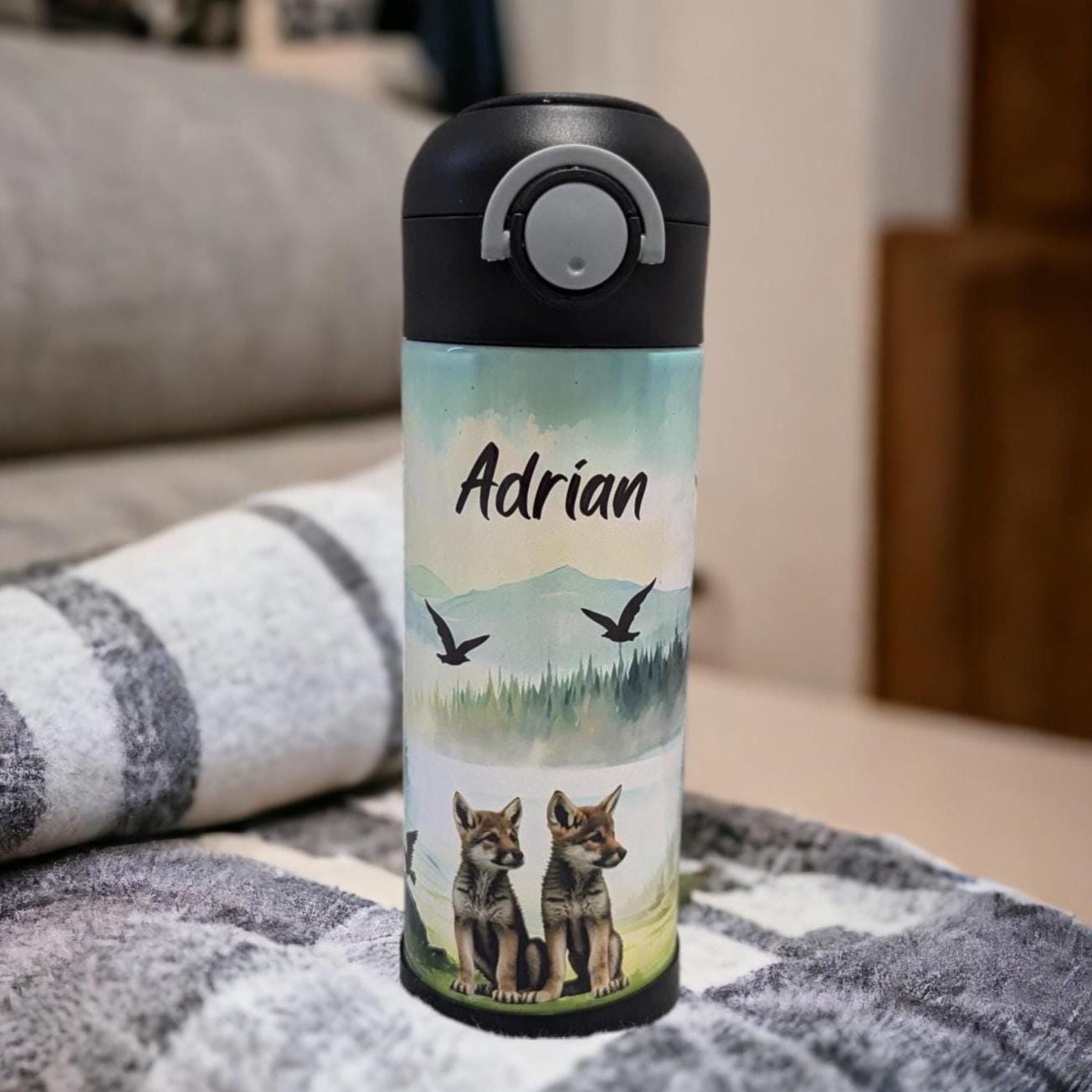 Kids Wolf Water Bottle 12oz With Reusable Straw Can Be Personalized
