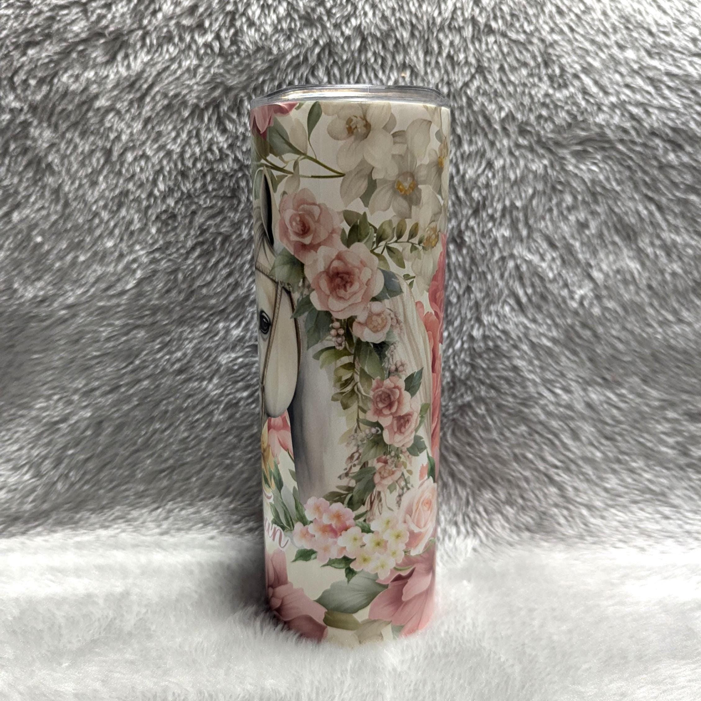 Horse Tumbler With Flowers Can Be Personalized, Cup With Name, Horse Lover Gift, 20oz Skinny Tumbler, Hot Cold Drinkware, Gift For Her