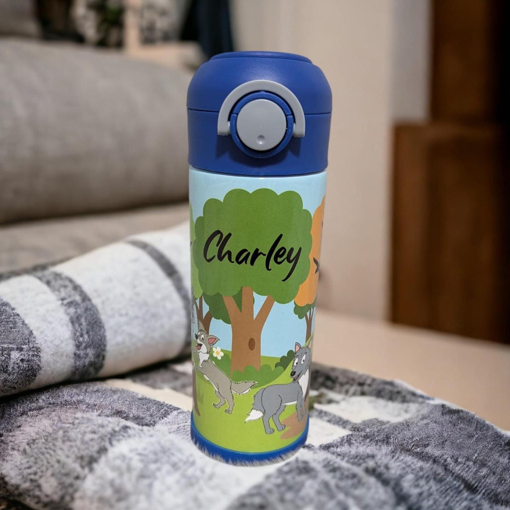 Kids Wolf Water Bottle 12oz With Reusable Straw, Can Be Personalized