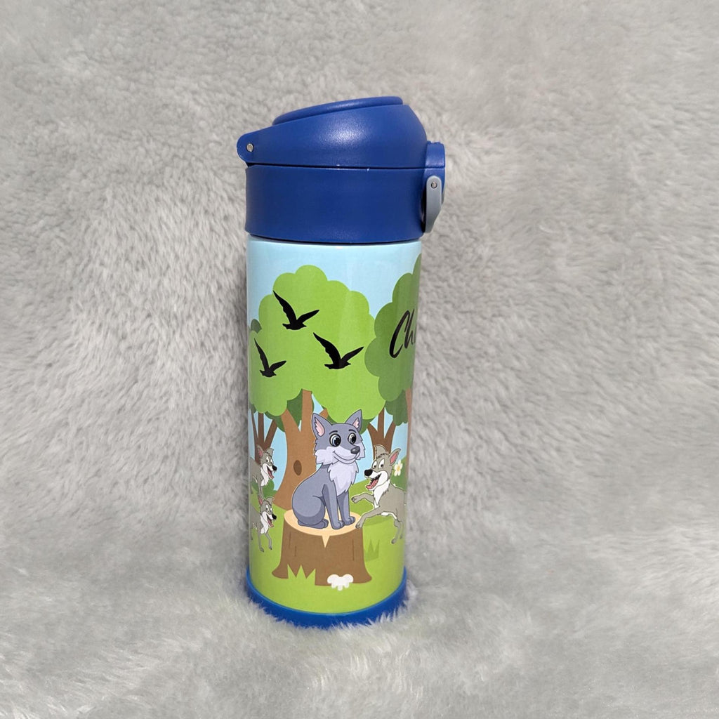 Kids Wolf Water Bottle 12oz With Reusable Straw, Can Be Personalized