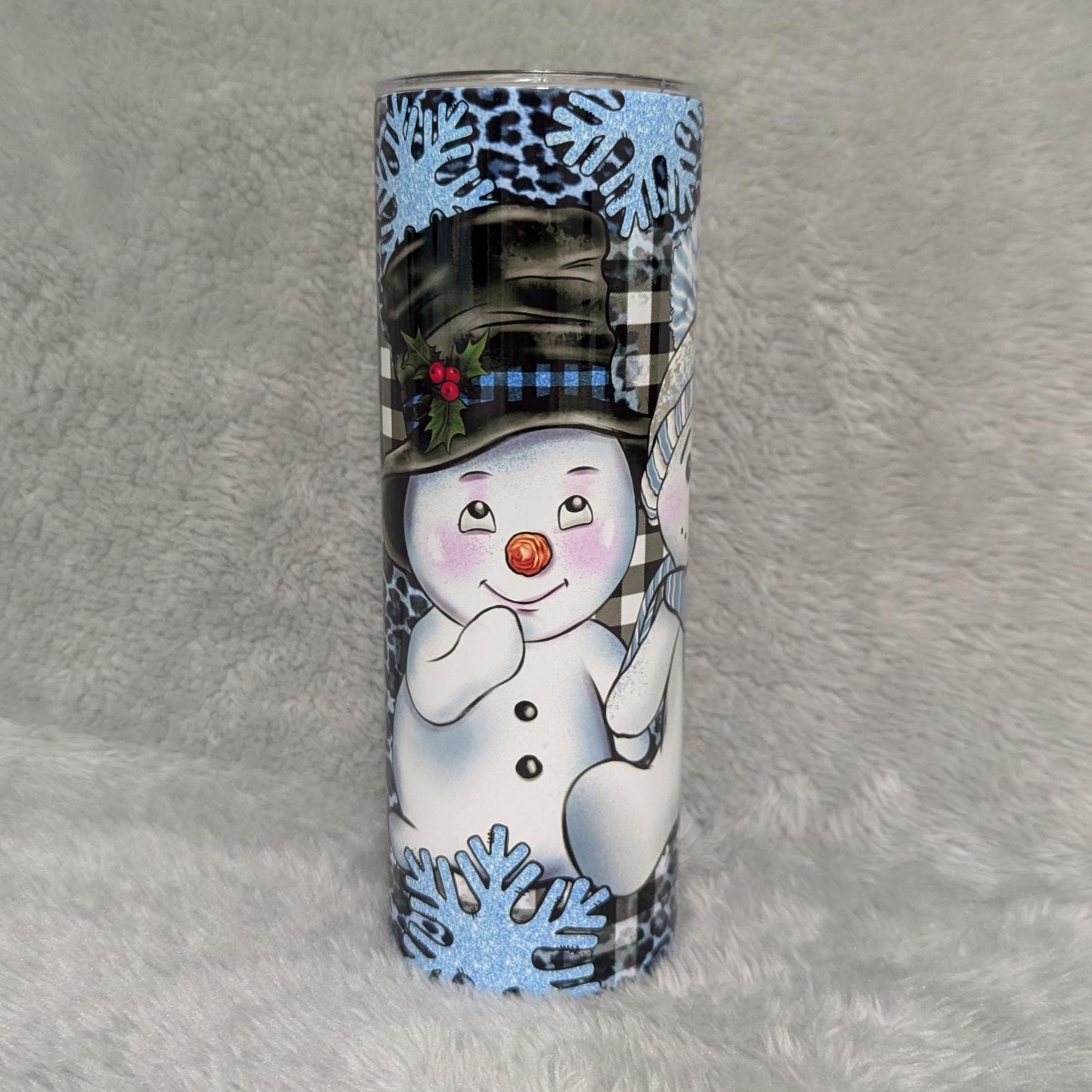 Cute Snowman Tumbler With Three Snowman and Snowflakes, Can Be Personalized, Snowman Cup With Name, Snowman Gift For Hot Or Cold Drinks