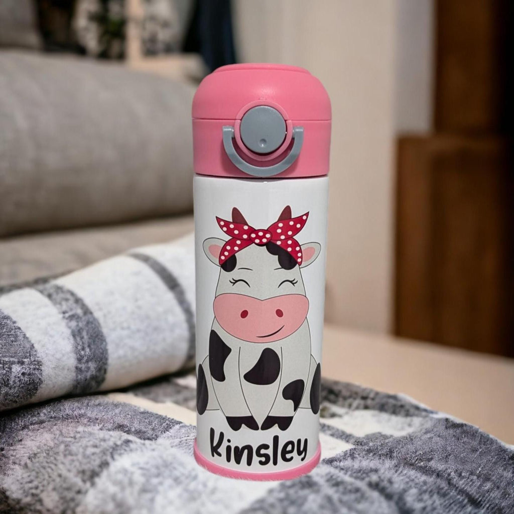 Kids Cow Water Bottle 12oz With Reusable Straw Can Be Personalized