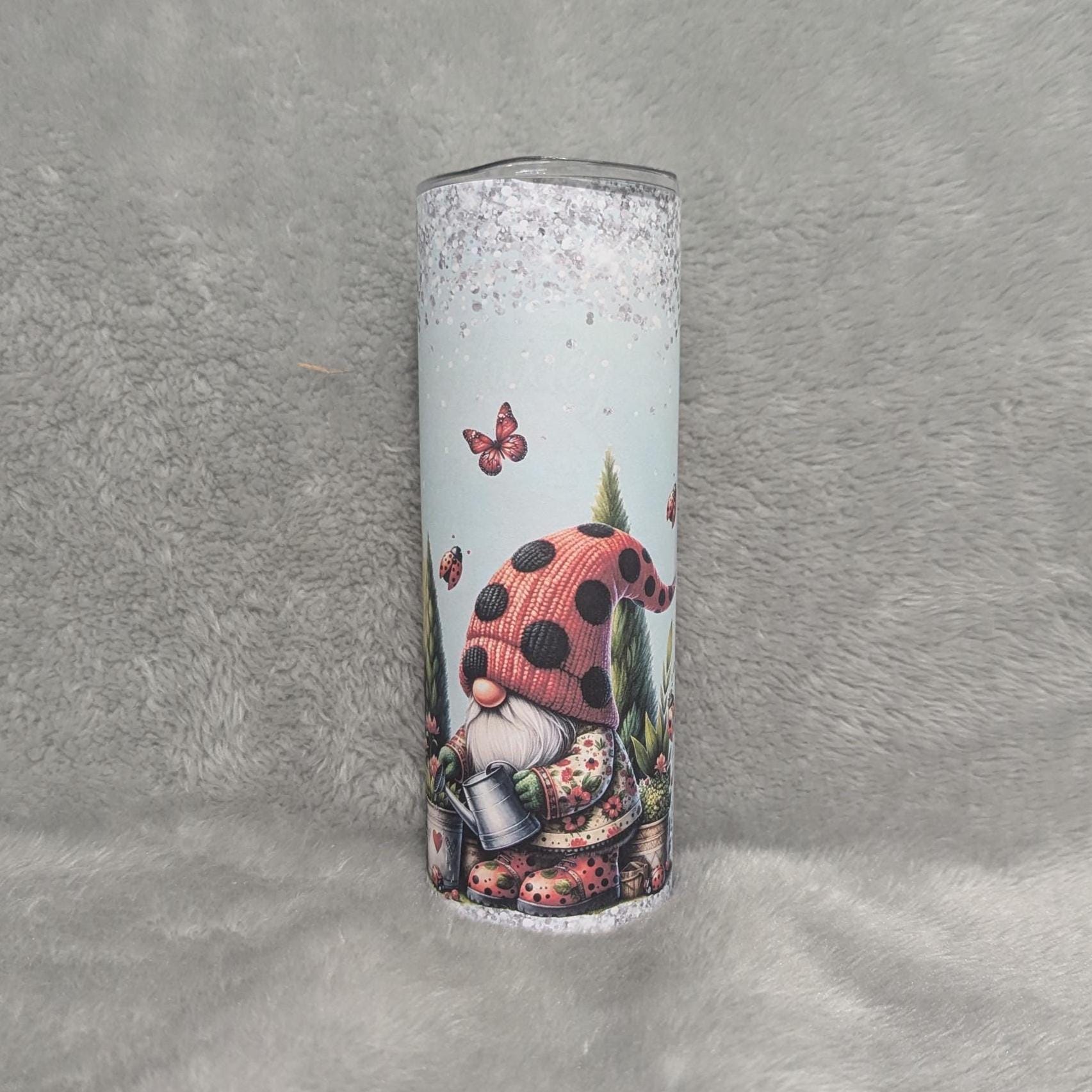 Ladybug Gnome Tumbler 20oz With Reusable Straw, Can Be Personalized