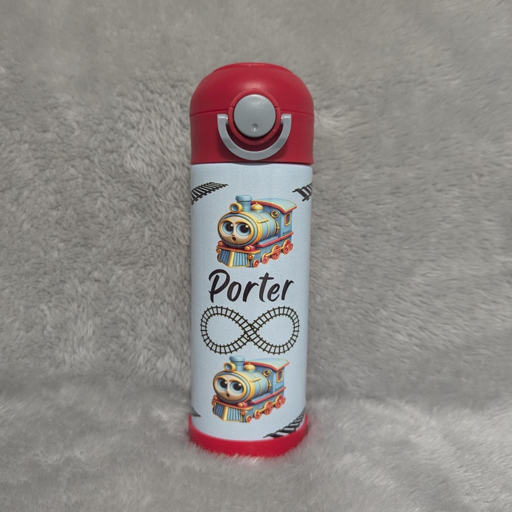 Kids Train Water Bottle With Blue Trains 12oz With Reusable Straw Can Be Personalized