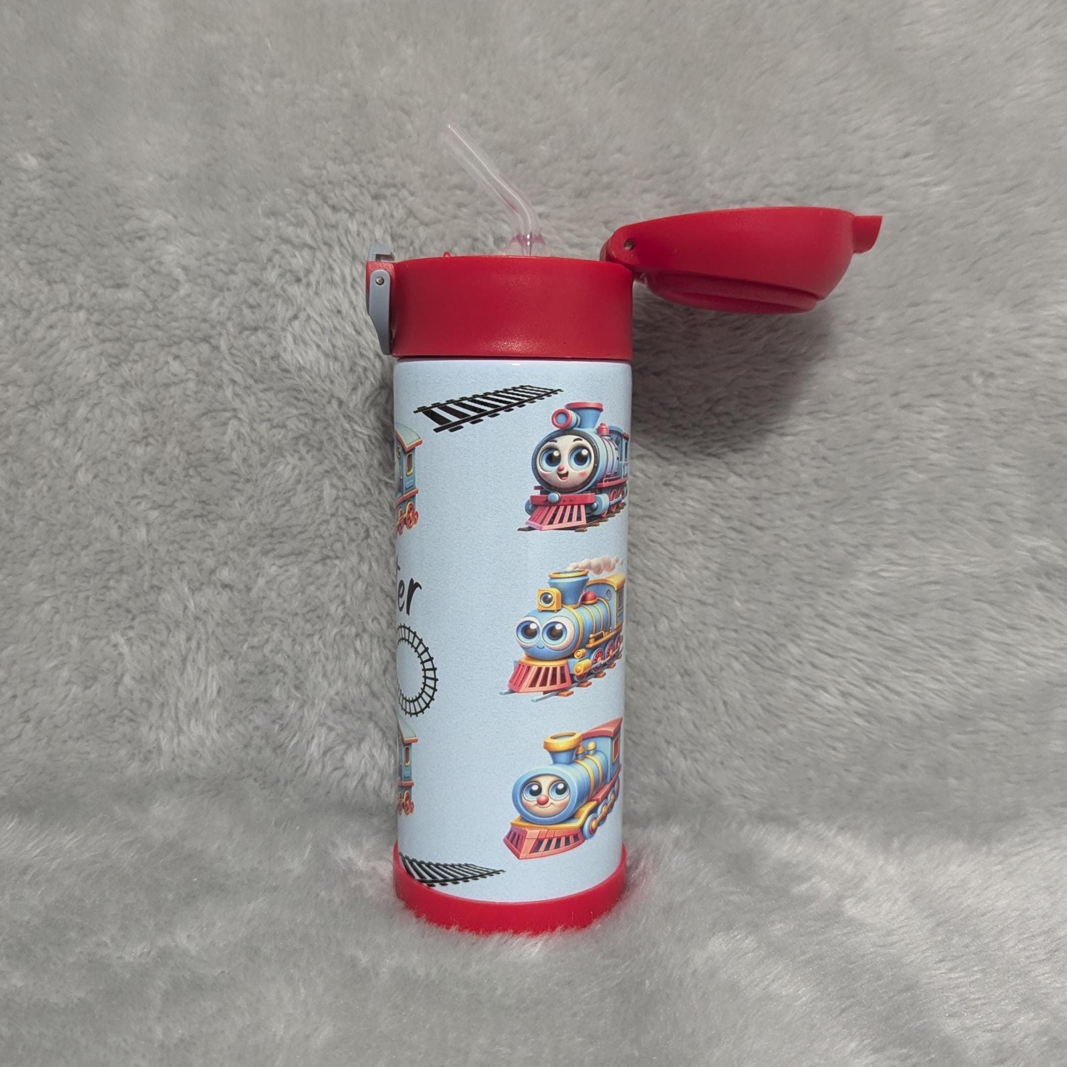 Kids Train Water Bottle With Blue Trains 12oz With Reusable Straw Can Be Personalized