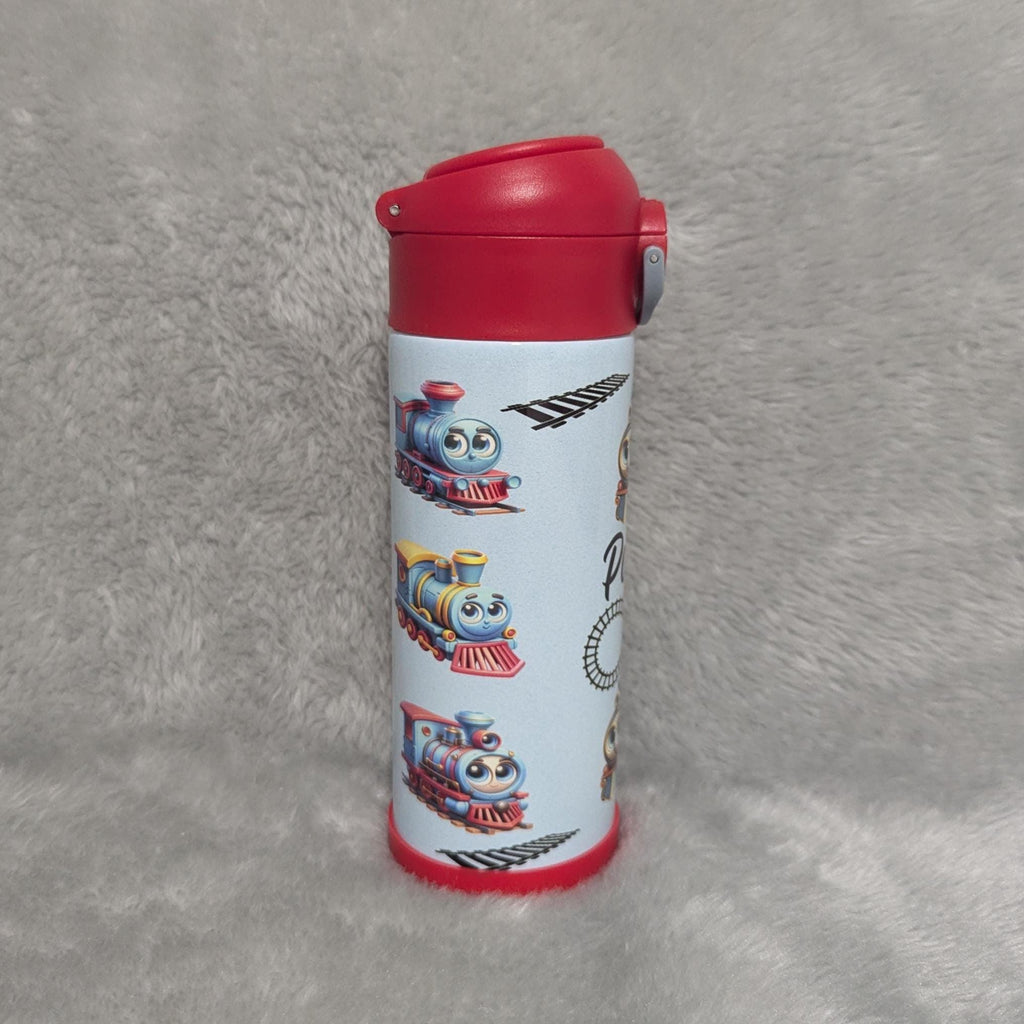 Kids Train Water Bottle With Blue Trains 12oz With Reusable Straw Can Be Personalized