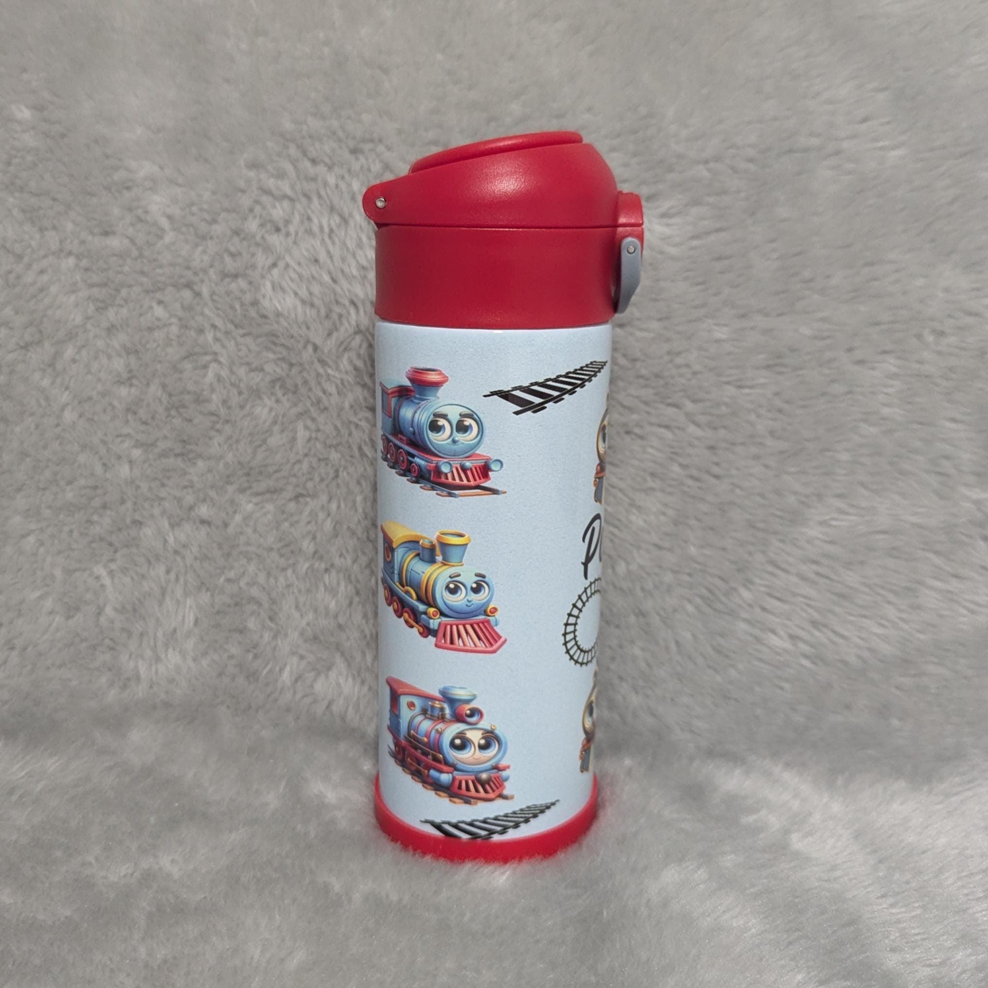 Kids Train Water Bottle With Blue Trains 12oz With Reusable Straw Can Be Personalized