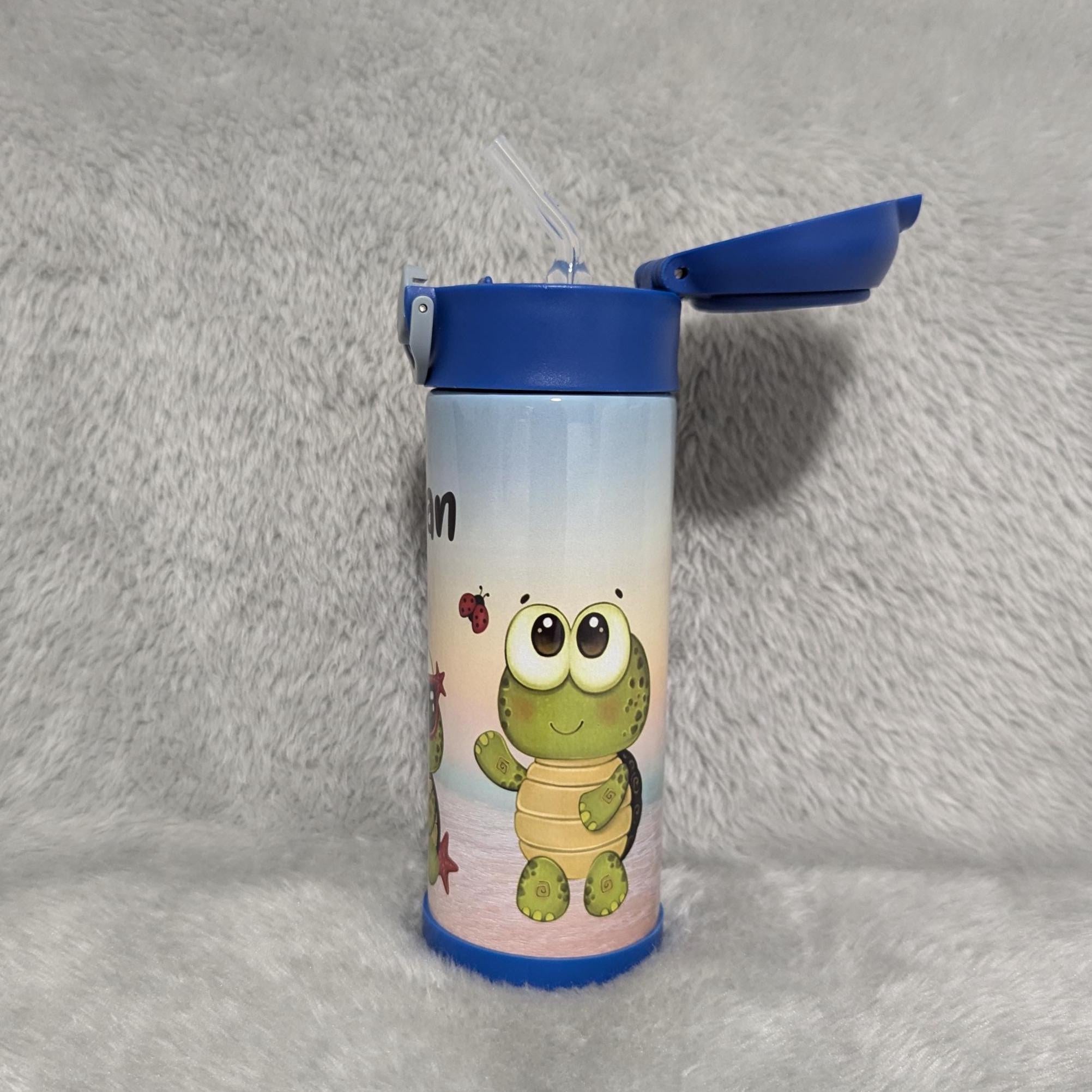 Kids Turtle Water Bottle 12oz With Reusable Straw Can Be Personalized