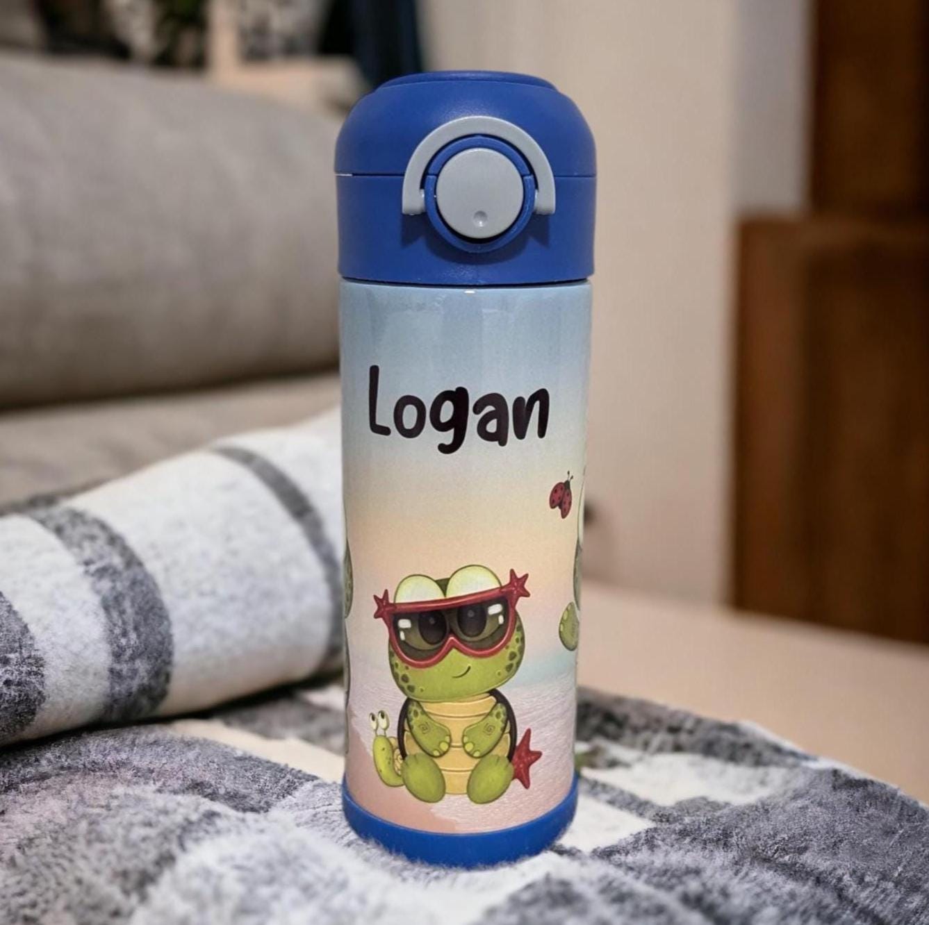Kids Turtle Water Bottle 12oz With Reusable Straw Can Be Personalized