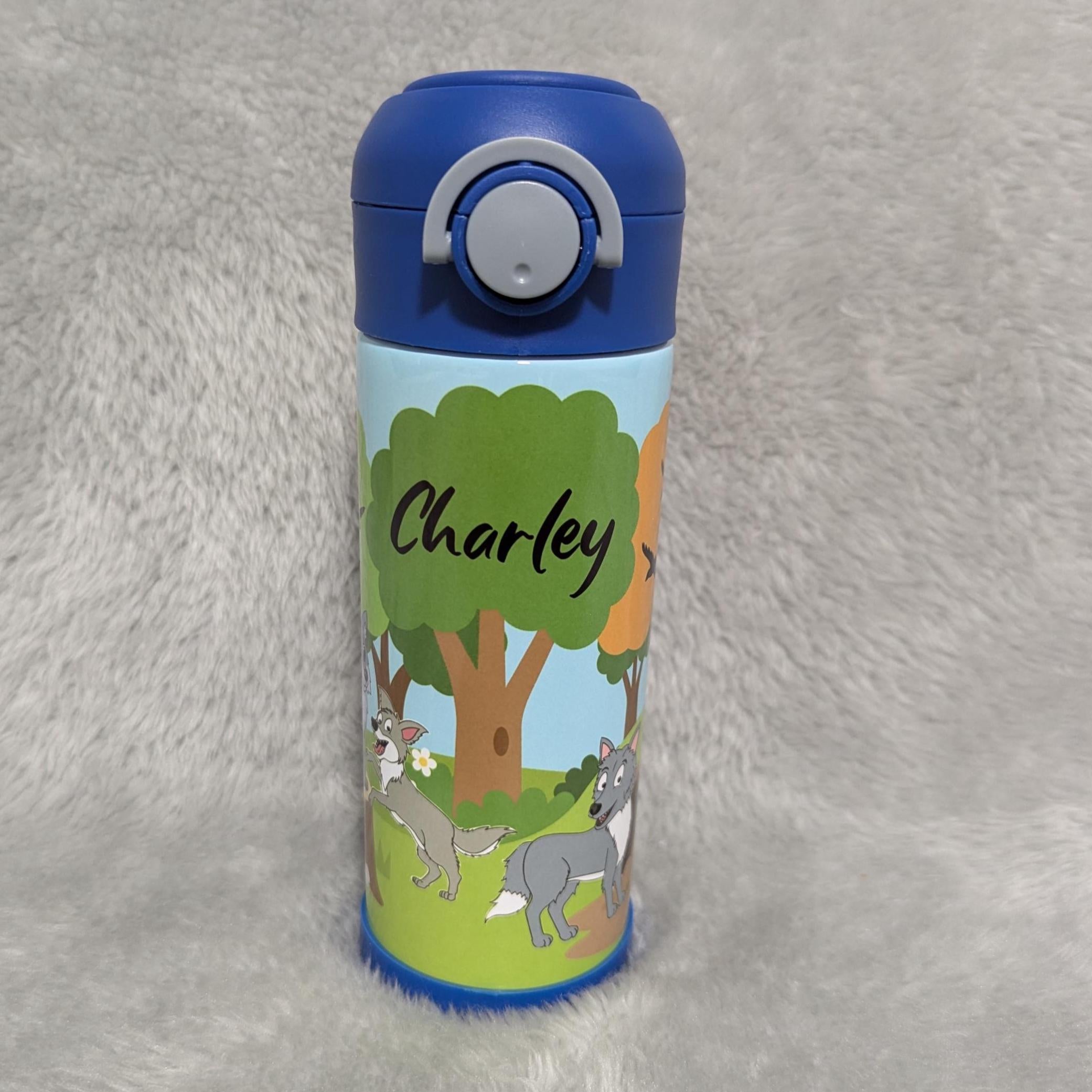 Kids Wolf Water Bottle 12oz With Reusable Straw, Can Be Personalized