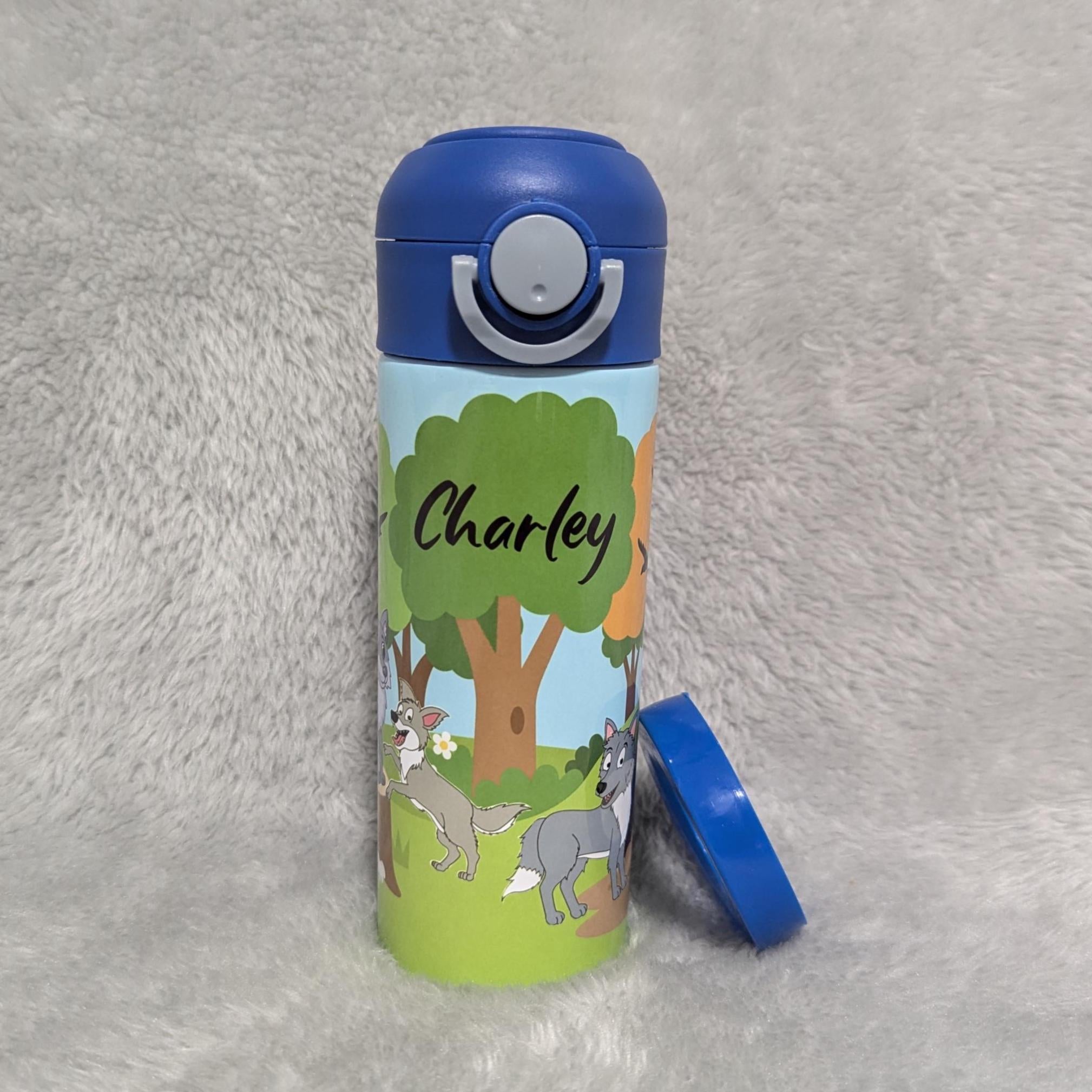 Kids Wolf Water Bottle 12oz With Reusable Straw, Can Be Personalized