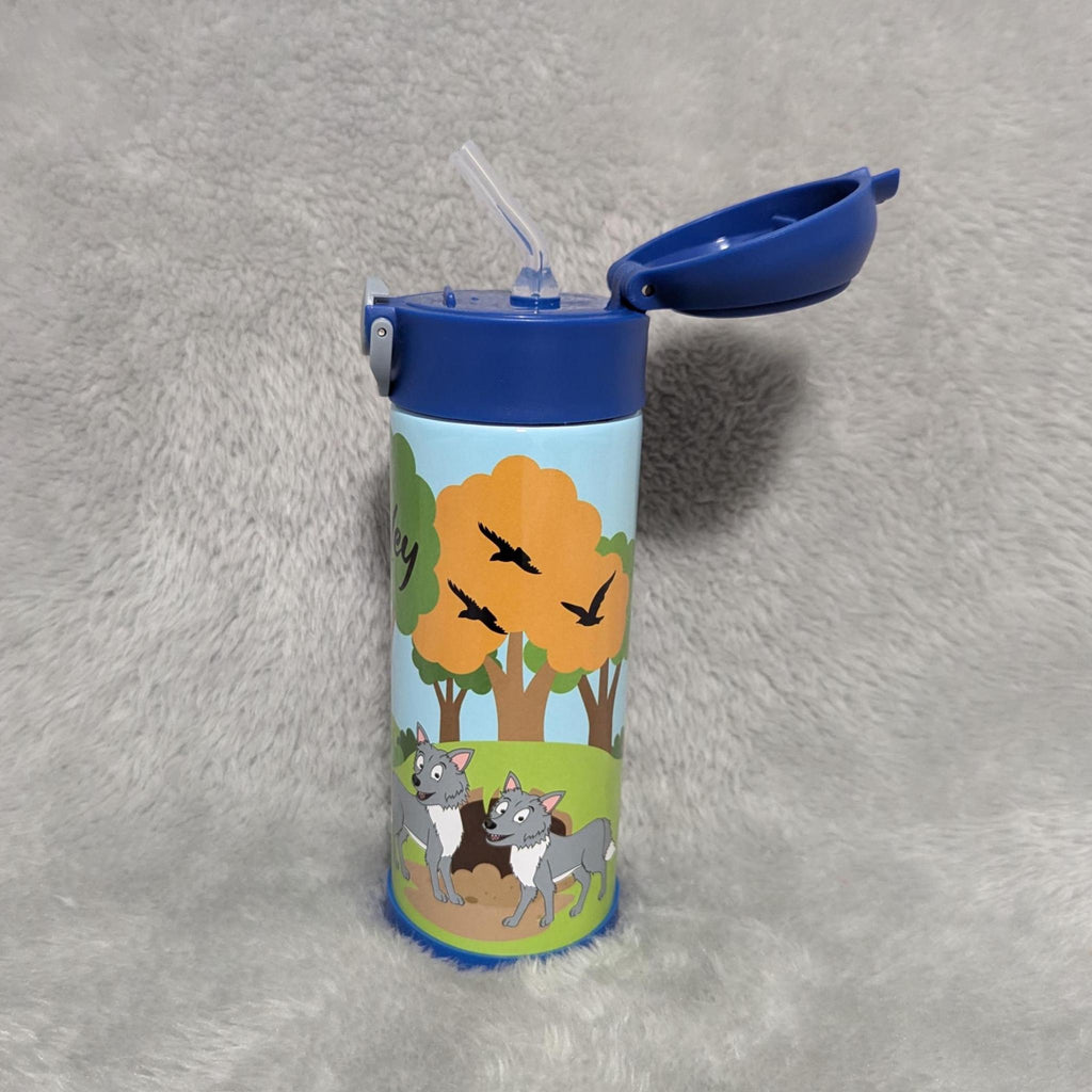 Kids Wolf Water Bottle 12oz With Reusable Straw, Can Be Personalized