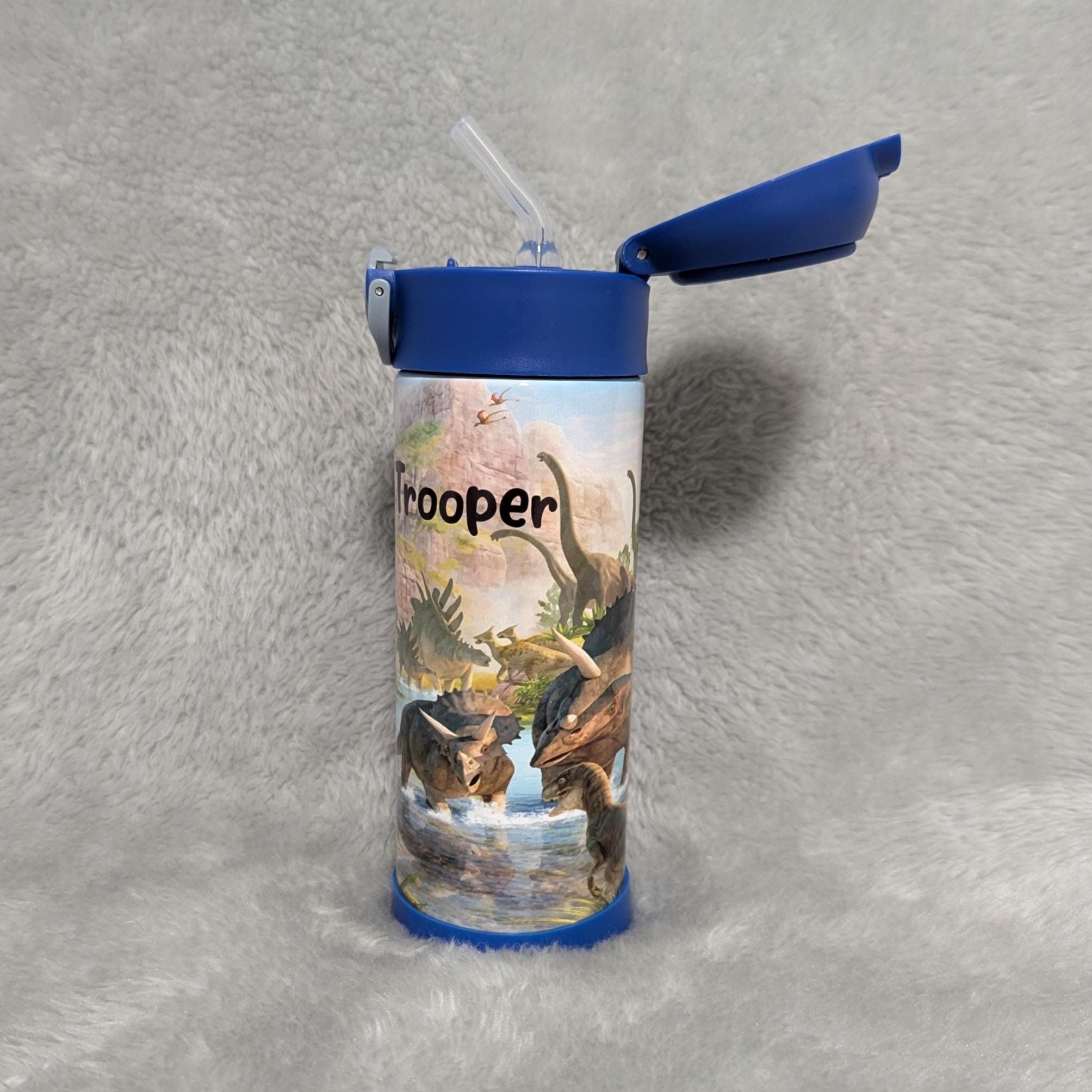 Kids Dinosaur Water Bottle 12oz With Reusable Straw Can Be Personalized
