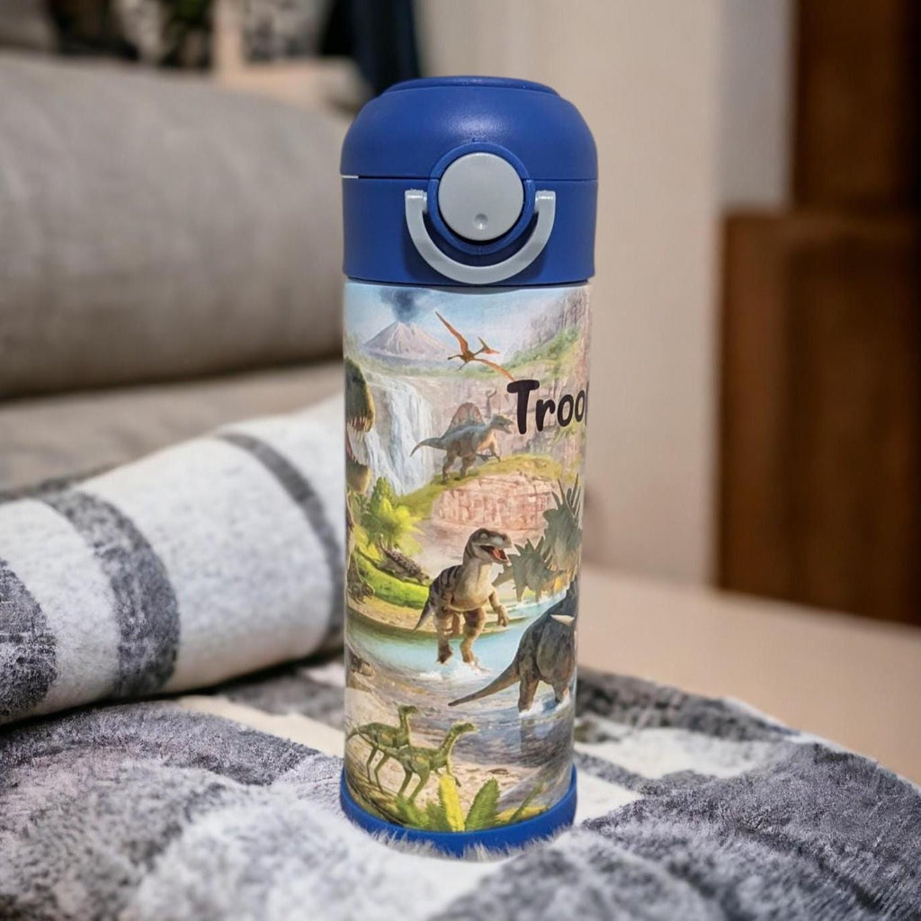 Kids Dinosaur Water Bottle 12oz With Reusable Straw Can Be Personalized