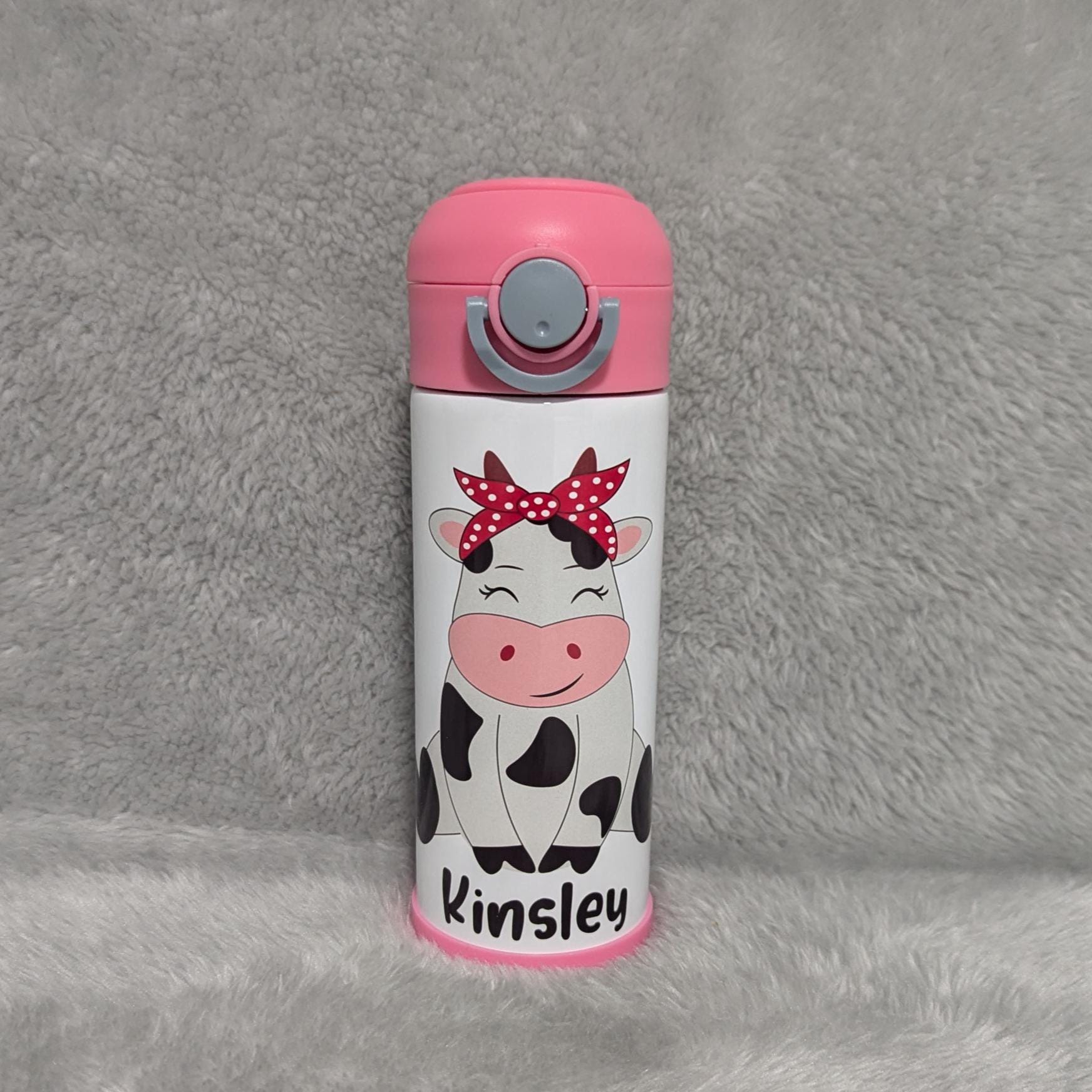 Kids Cow Water Bottle 12oz With Reusable Straw Can Be Personalized
