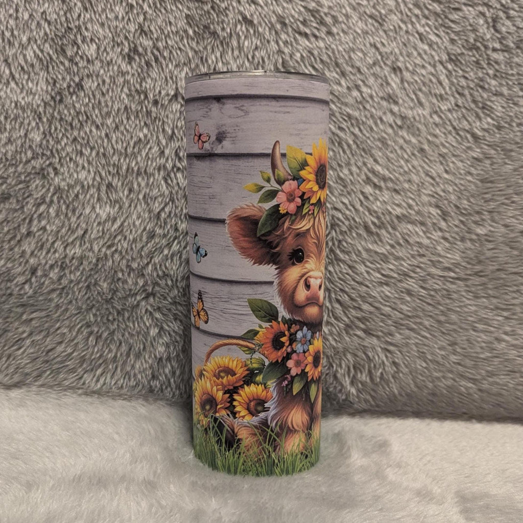 Floral Highland Cow Tumbler 20oz With Reusable Straw, Can Be Personalized