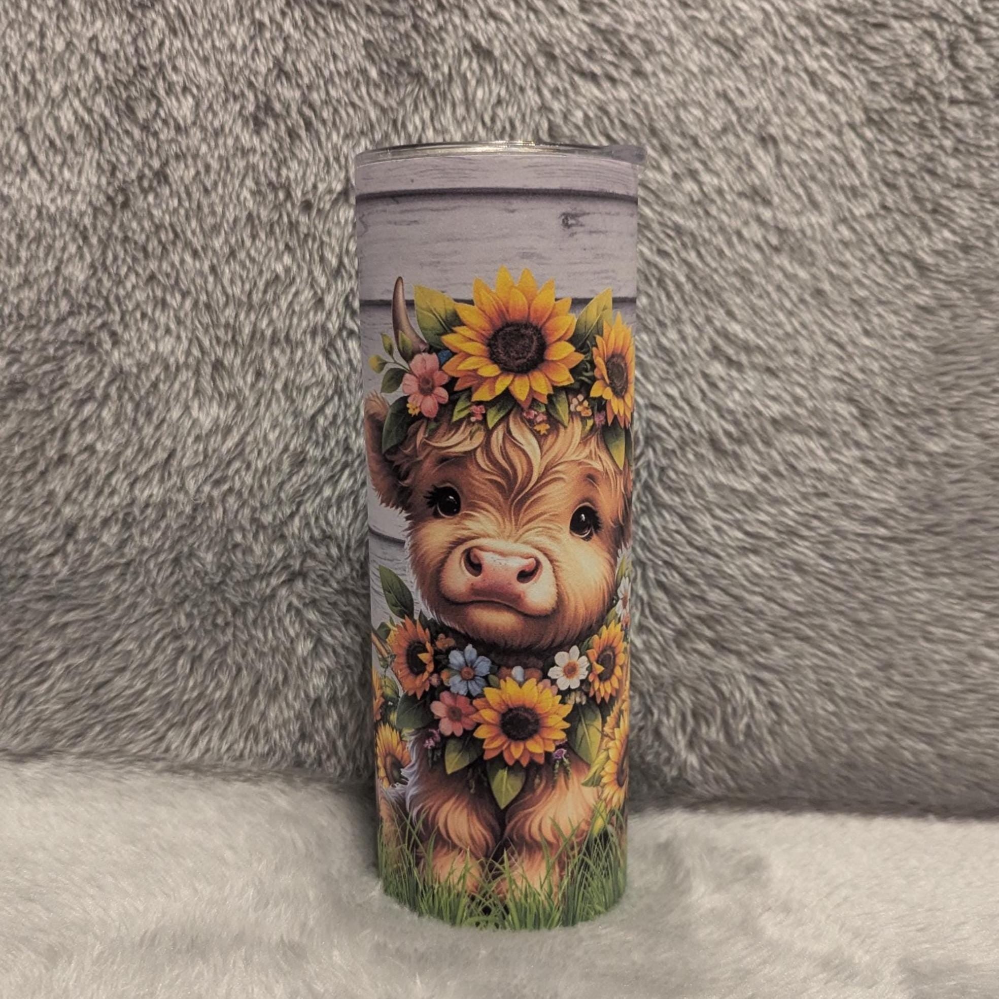 Floral Highland Cow Tumbler 20oz With Reusable Straw, Can Be Personalized