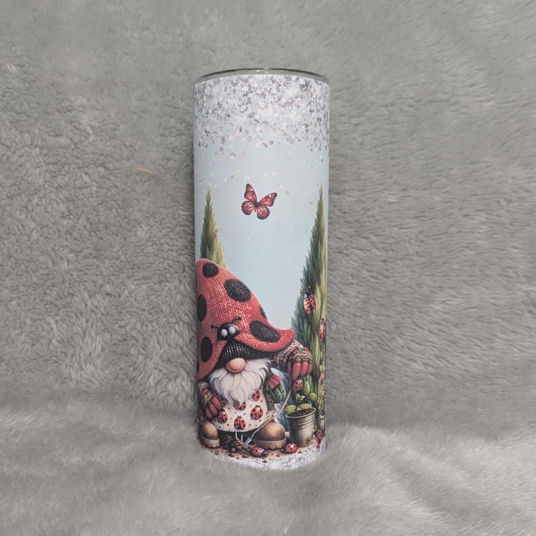 Ladybug Gnome Tumbler 20oz With Reusable Straw, Can Be Personalized