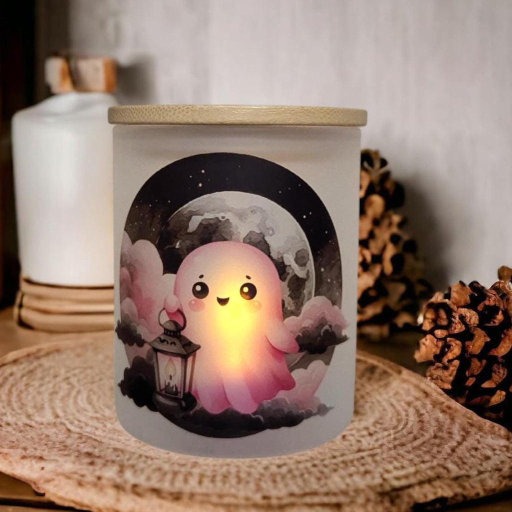 Halloween Ghost Candle Holder With A Battery Operated Flickering Tea Light