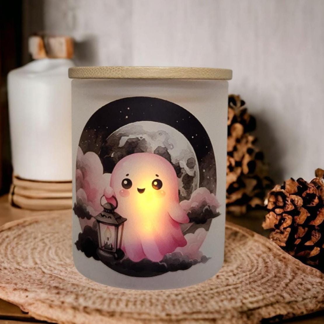 Halloween Ghost Candle Holder With A Battery Operated Flickering Tea Light