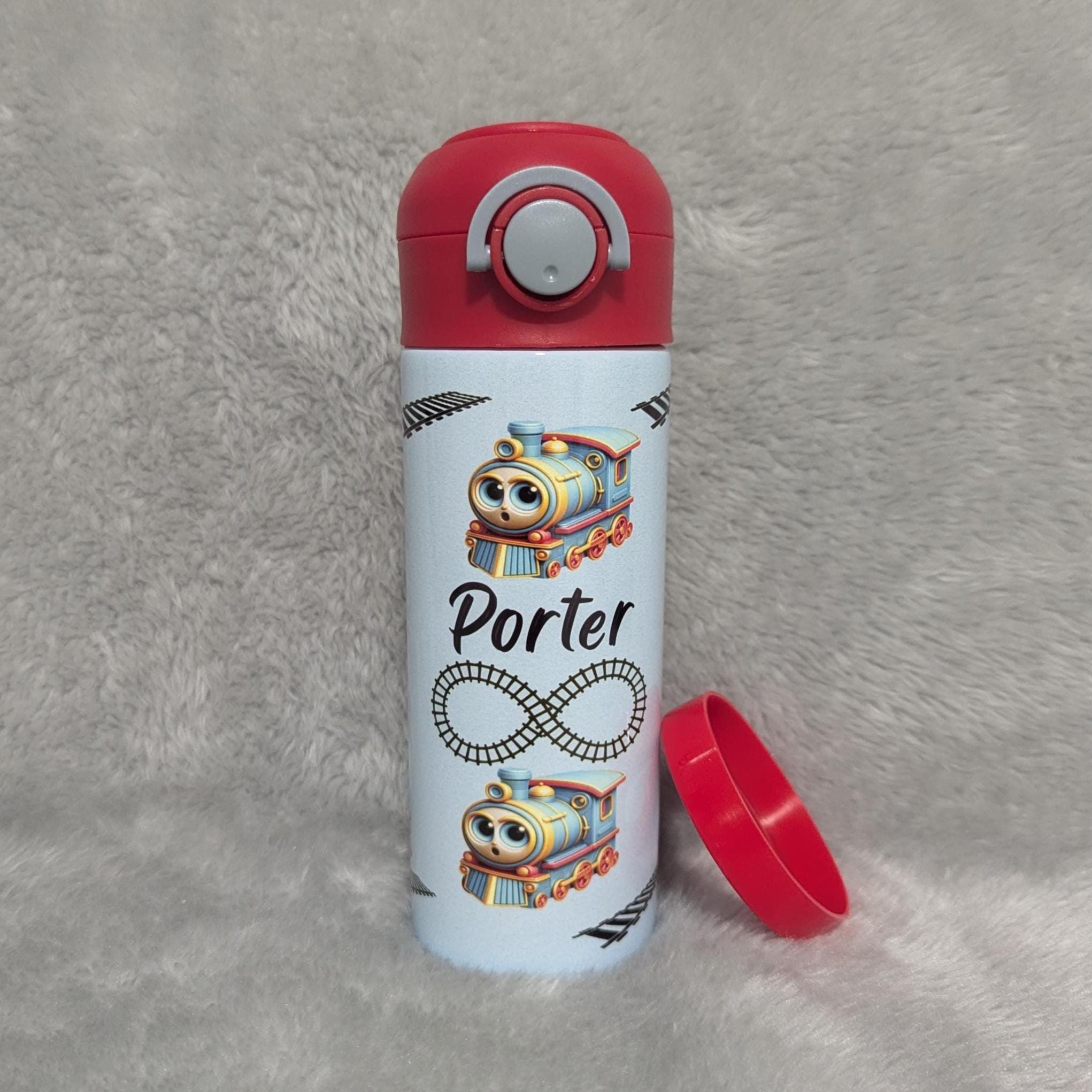 Kids Train Water Bottle With Blue Trains 12oz With Reusable Straw Can Be Personalized