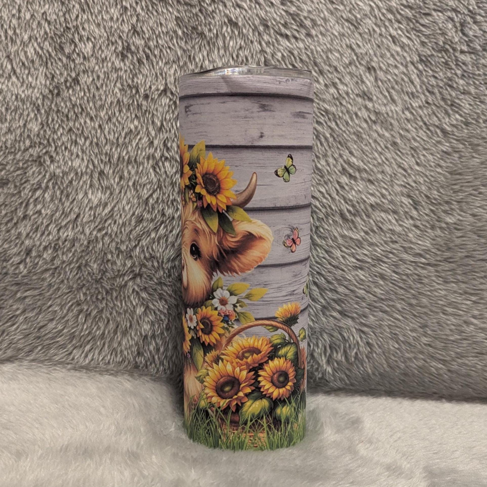 Floral Highland Cow Tumbler 20oz With Reusable Straw, Can Be Personalized