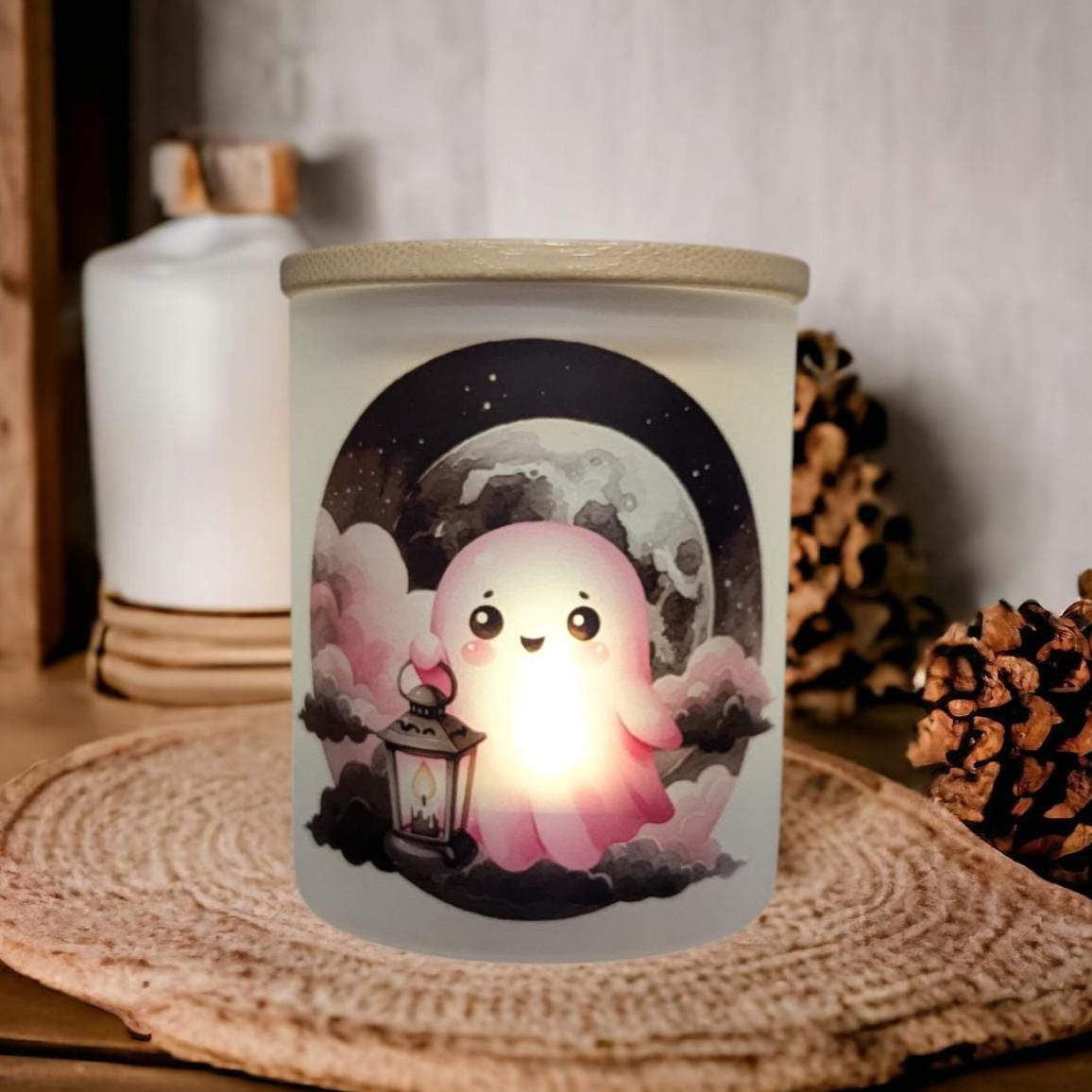 Halloween Ghost Candle Holder With A Battery Operated Flickering Tea Light