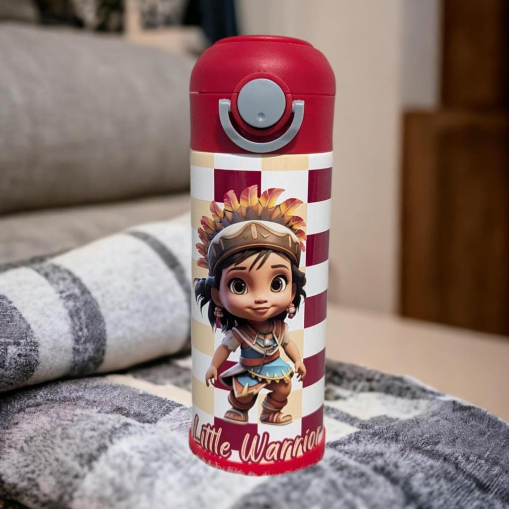 Little Warrior Girl Water Bottle 12oz With Reusable Straw Can Be Personalized