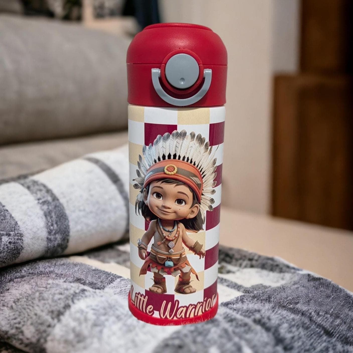Little Warrior Boy Water Bottle 12oz With Reusable Straw Can Be Personalized