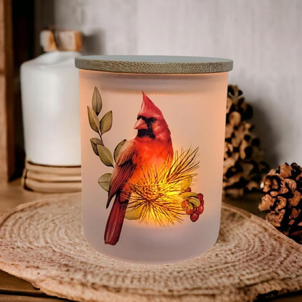Cardinal Candle Holder With A Battery Operated Flickering Tea Light