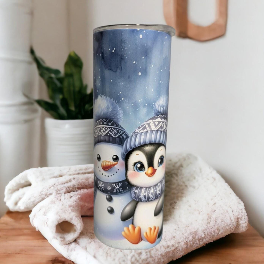 Festive Snowman and Penguin Tumbler Can Be Personalized - For Hot Or Cold Drinks, Includes A Reusable Straw, Christmas Party Gift