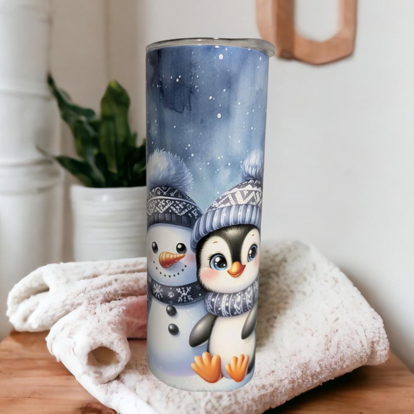 Festive Snowman and Penguin Tumbler Can Be Personalized - For Hot Or Cold Drinks, Includes A Reusable Straw, Christmas Party Gift
